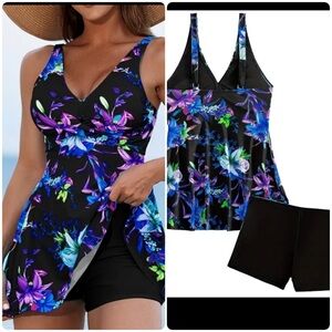 Tropical Print V Neck Shorts Tankini Set